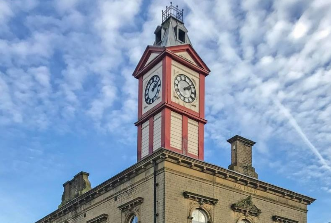 The clocktower of the Marsden Mechanics in Marsden, West Yorkshire.