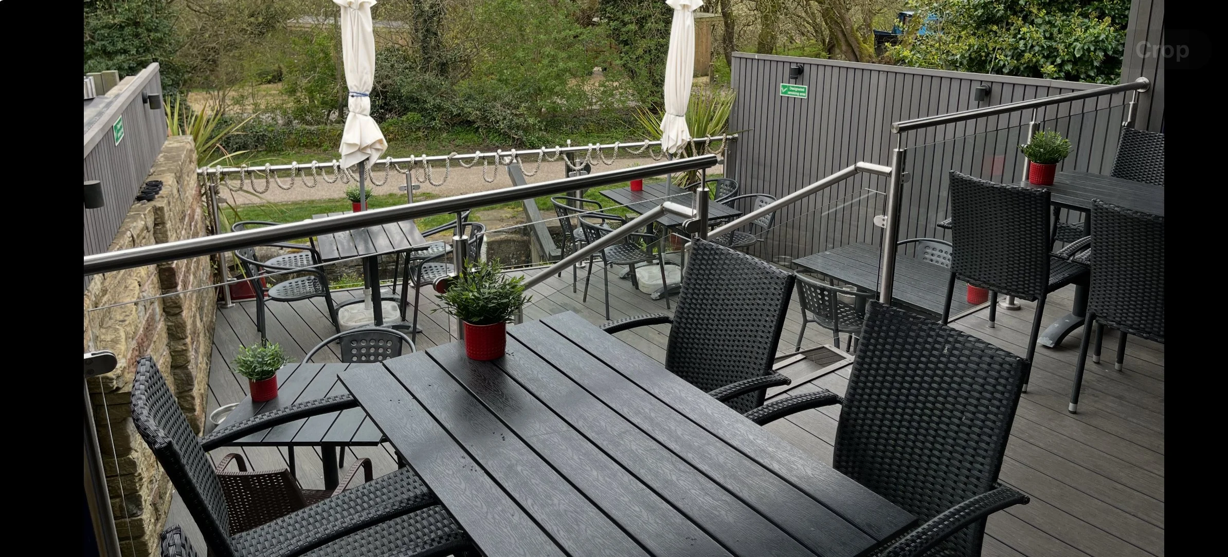 The outside seating area of the Little Lock cafe in Marsden, West Yorkshire.