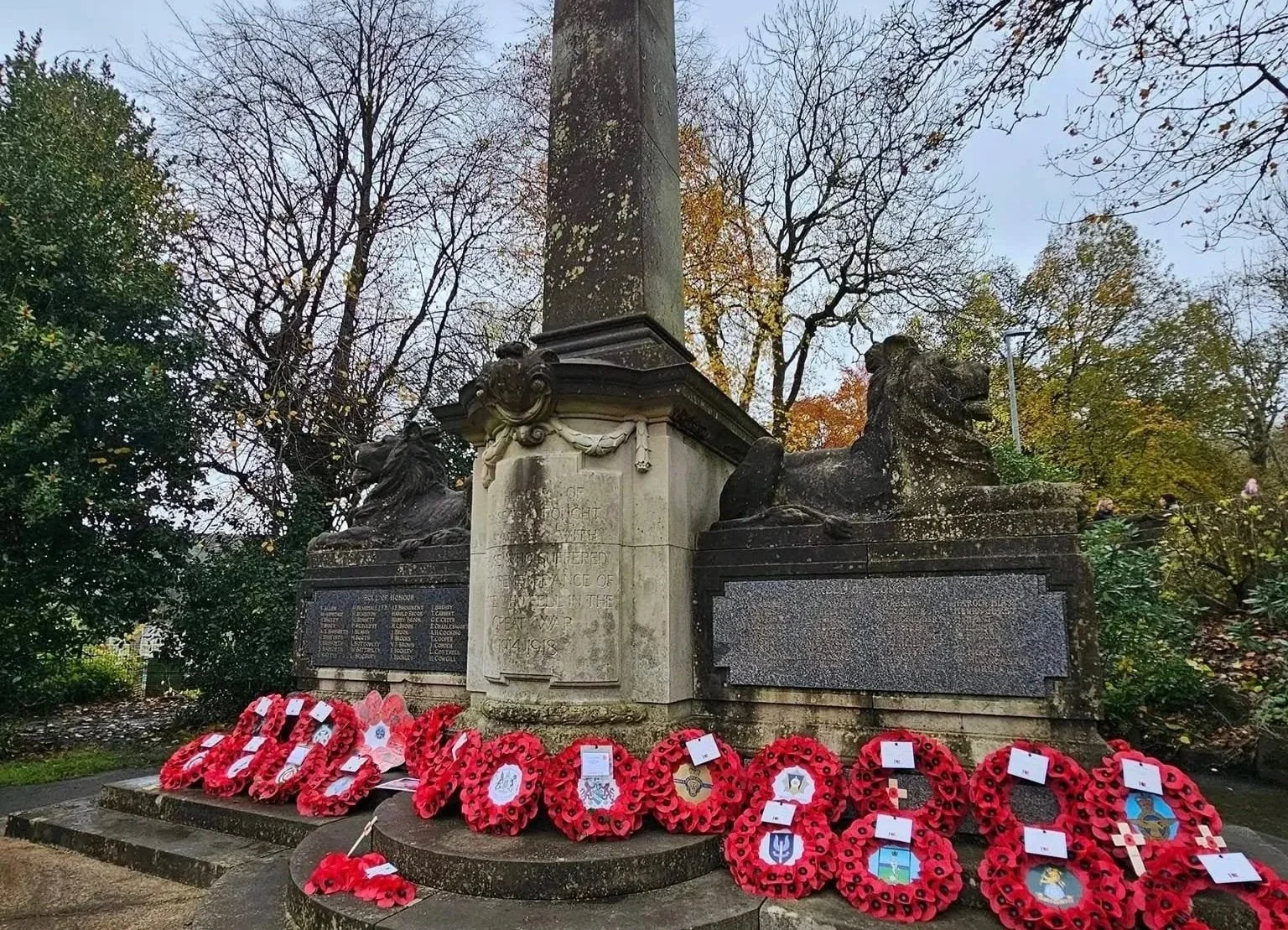 The war memorial in the park in Marsden, West Yorkshire.