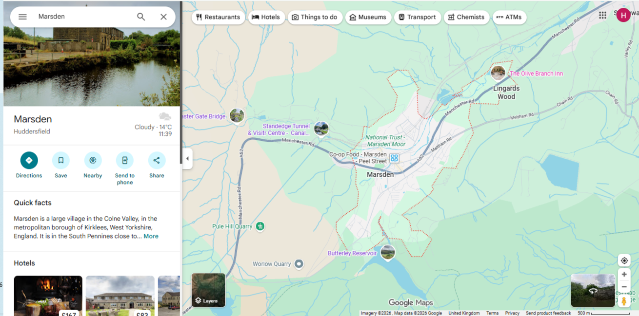 Map of Marsden, England, showing landmarks like Standedge Tunnel, Pule Hill Quarry, and Butterley Reservoir, with a small inset photo of a river scene.