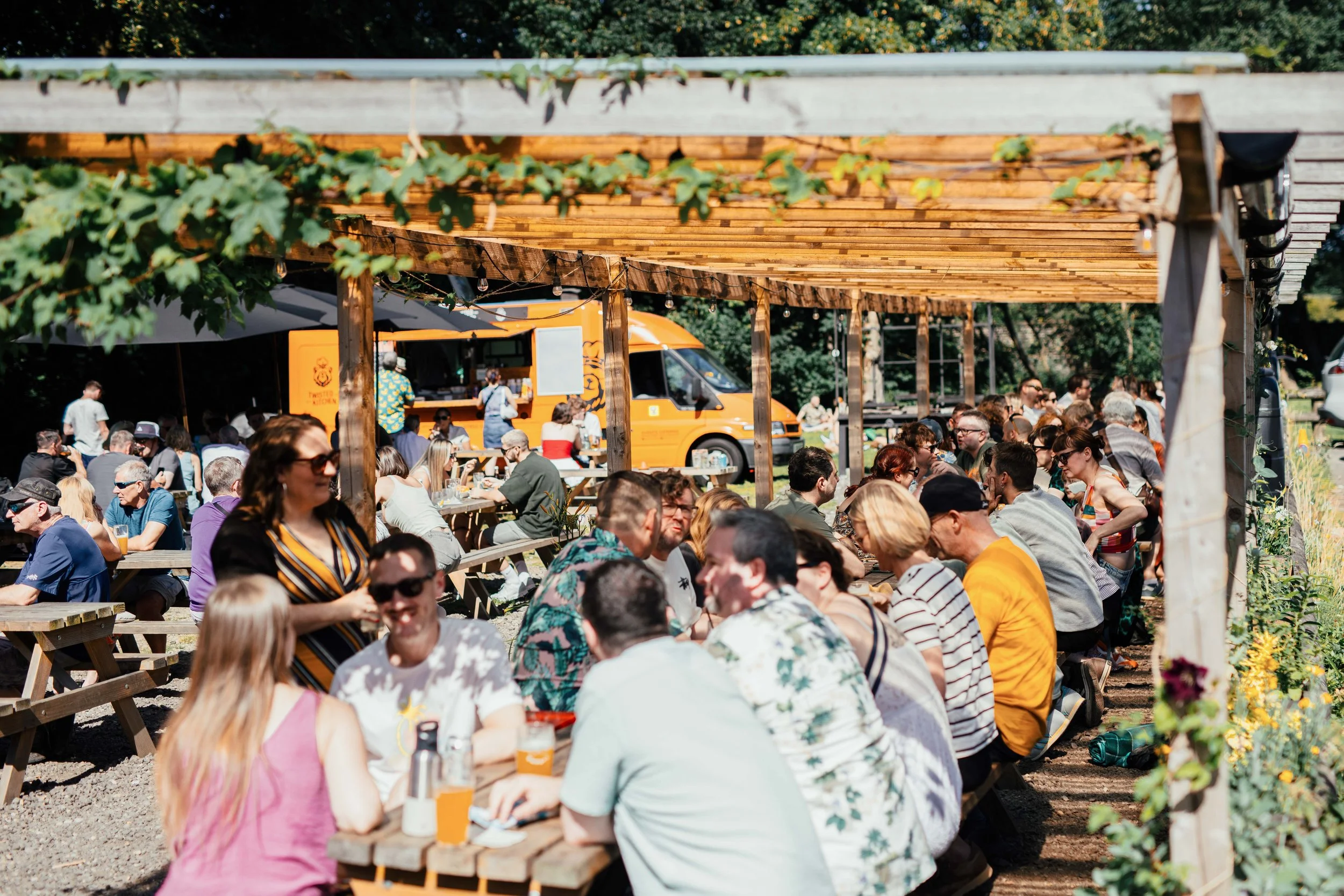 The covered seating area outside the Zapato Taproom.