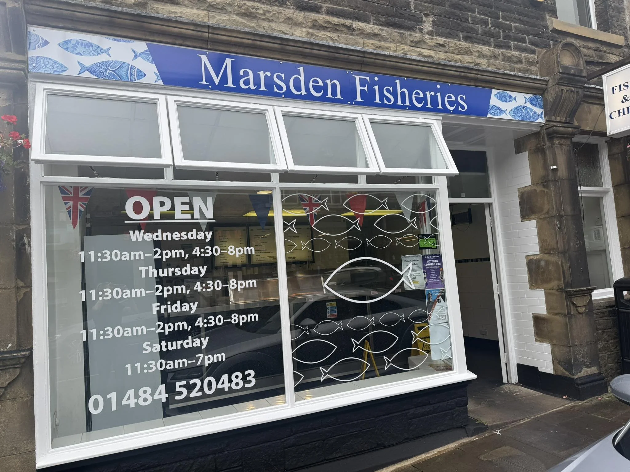 The window display at Marsden Fisheries in Marsden, West Yorkshire.