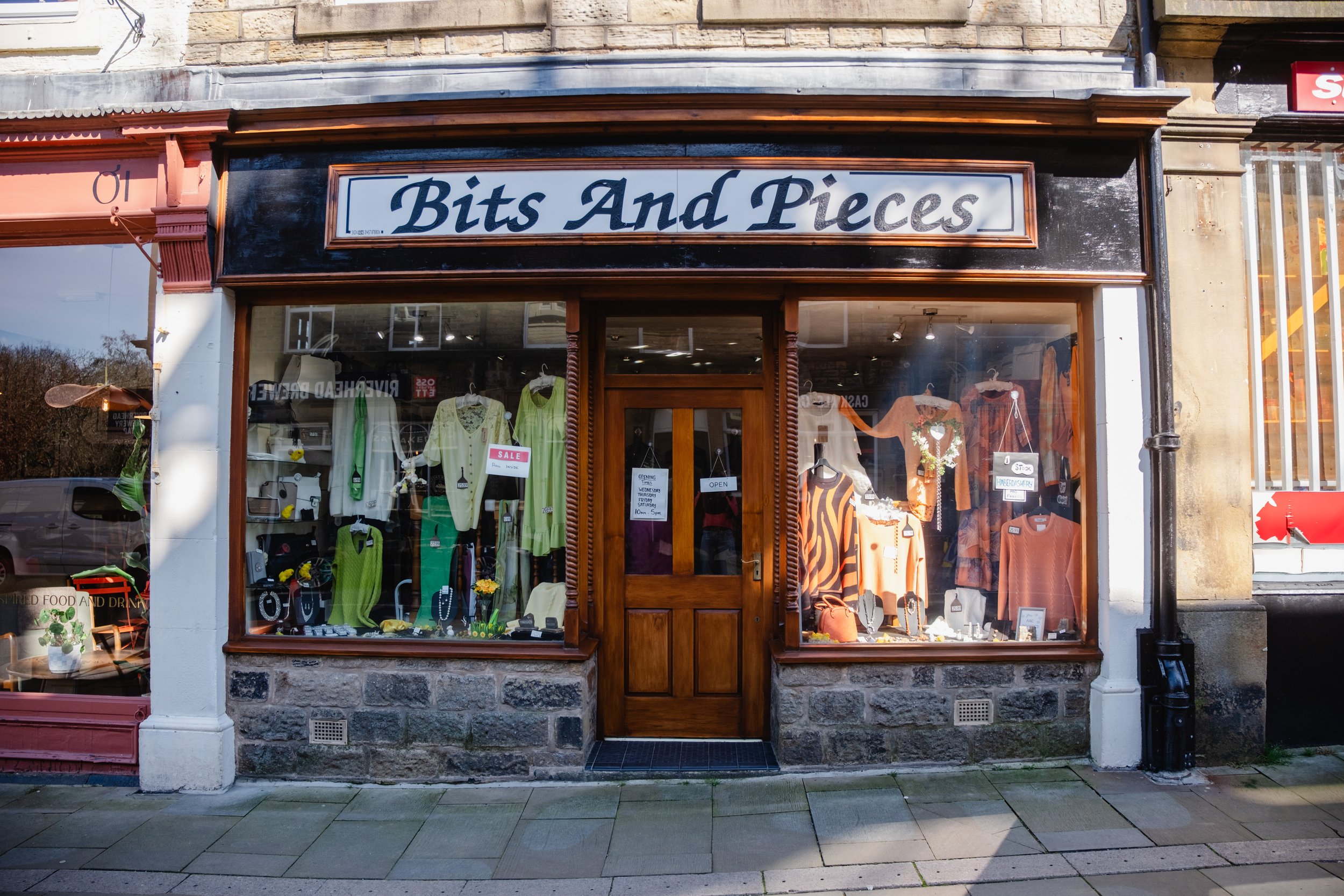 The frontage of Bits and Pieces ladies' clothing shop in Marsden, West Yorkshire.