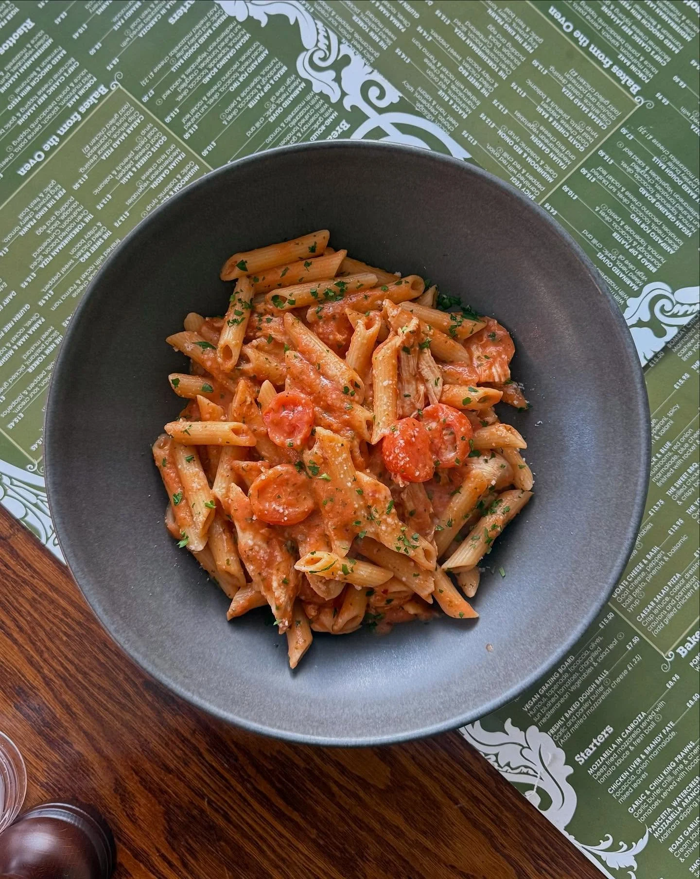 Pasta from the menu in Mozzarellas Pizzeria in Marsden, West Yorkshire.