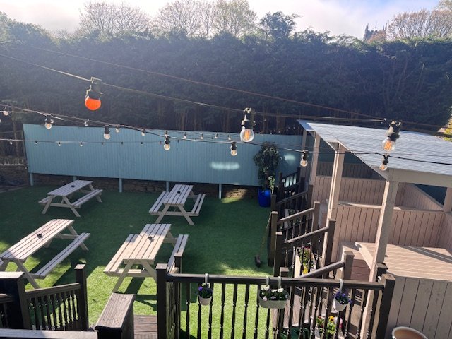 The beer garden of the Railway pub in Marsden, West Yorkshire.