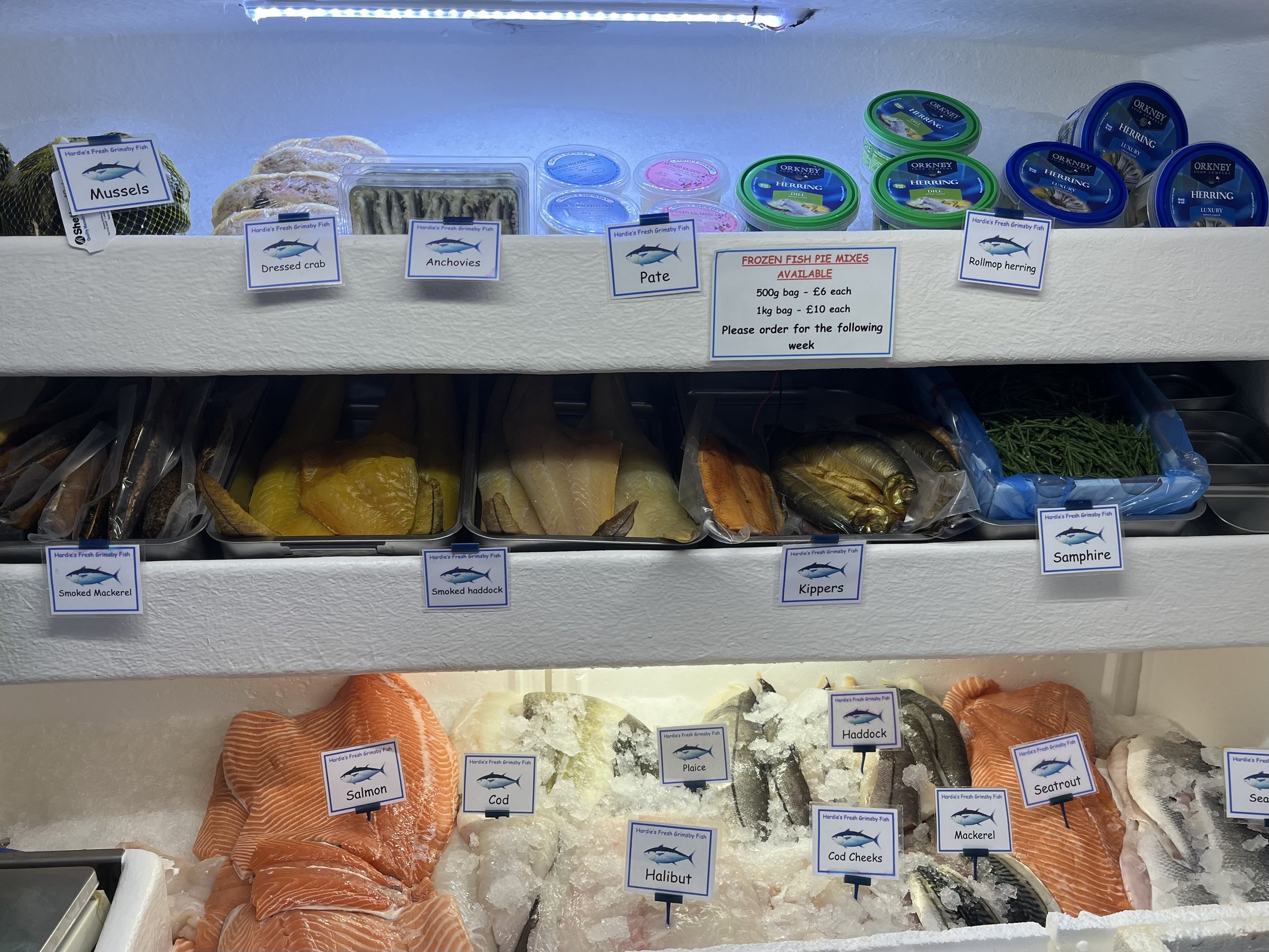 A range of fresh fish for sale from Hardie's Fresh Grimsby Fish mobile fishmonger.