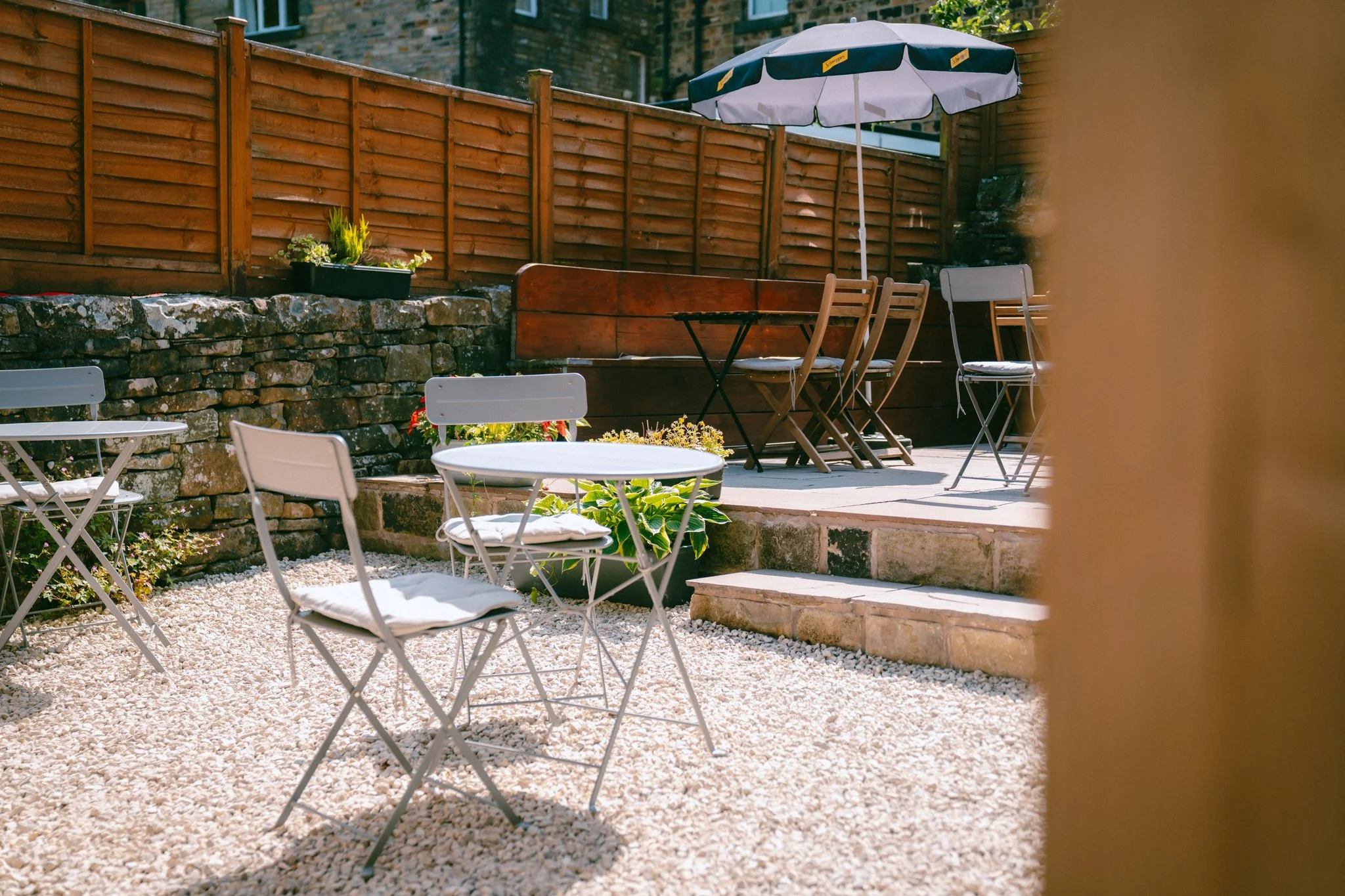 The outside seating area at Sass Coffee House in Marsden, West Yorkshire.