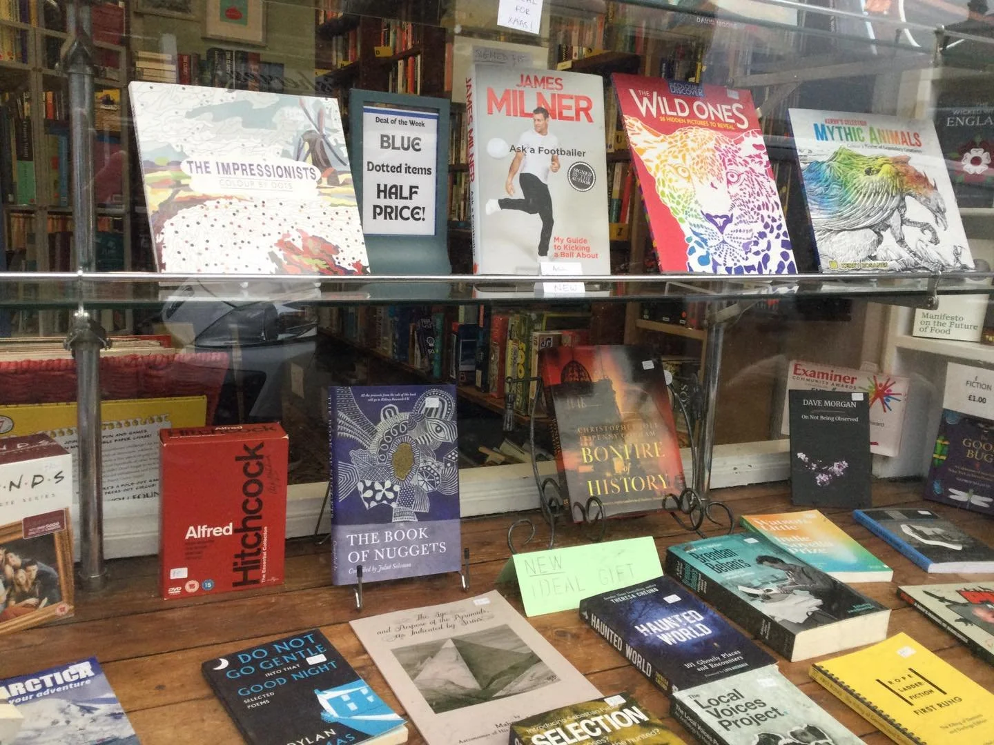 Books on display in the window of the Cuckoo's Nest bookshop in Marsden, West Yorkshire.
