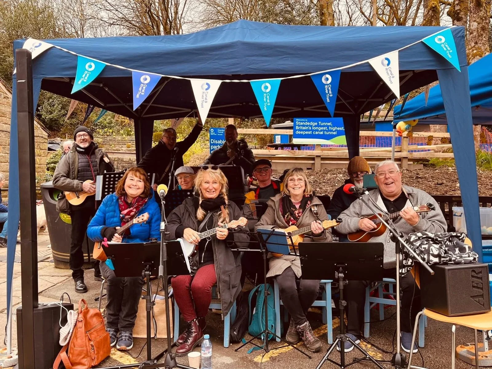 The members of the MUCIPUPS ukulele group in Marsden, West Yorkshire.