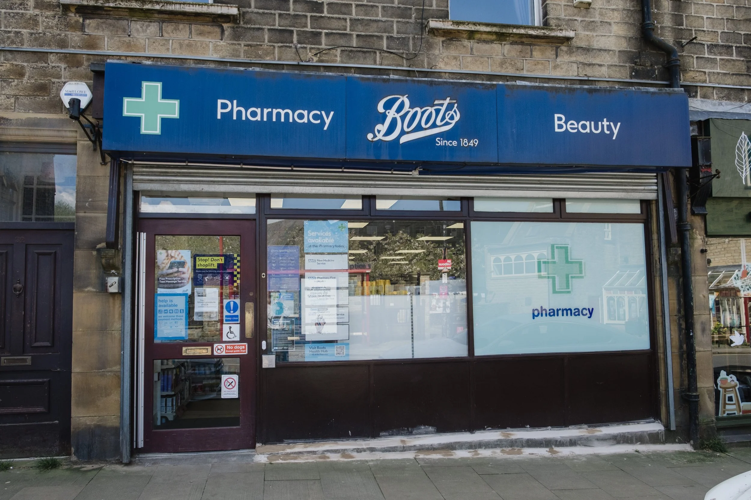 The outside of the Boots Pharmacy in Marsden, West Yorkshire.