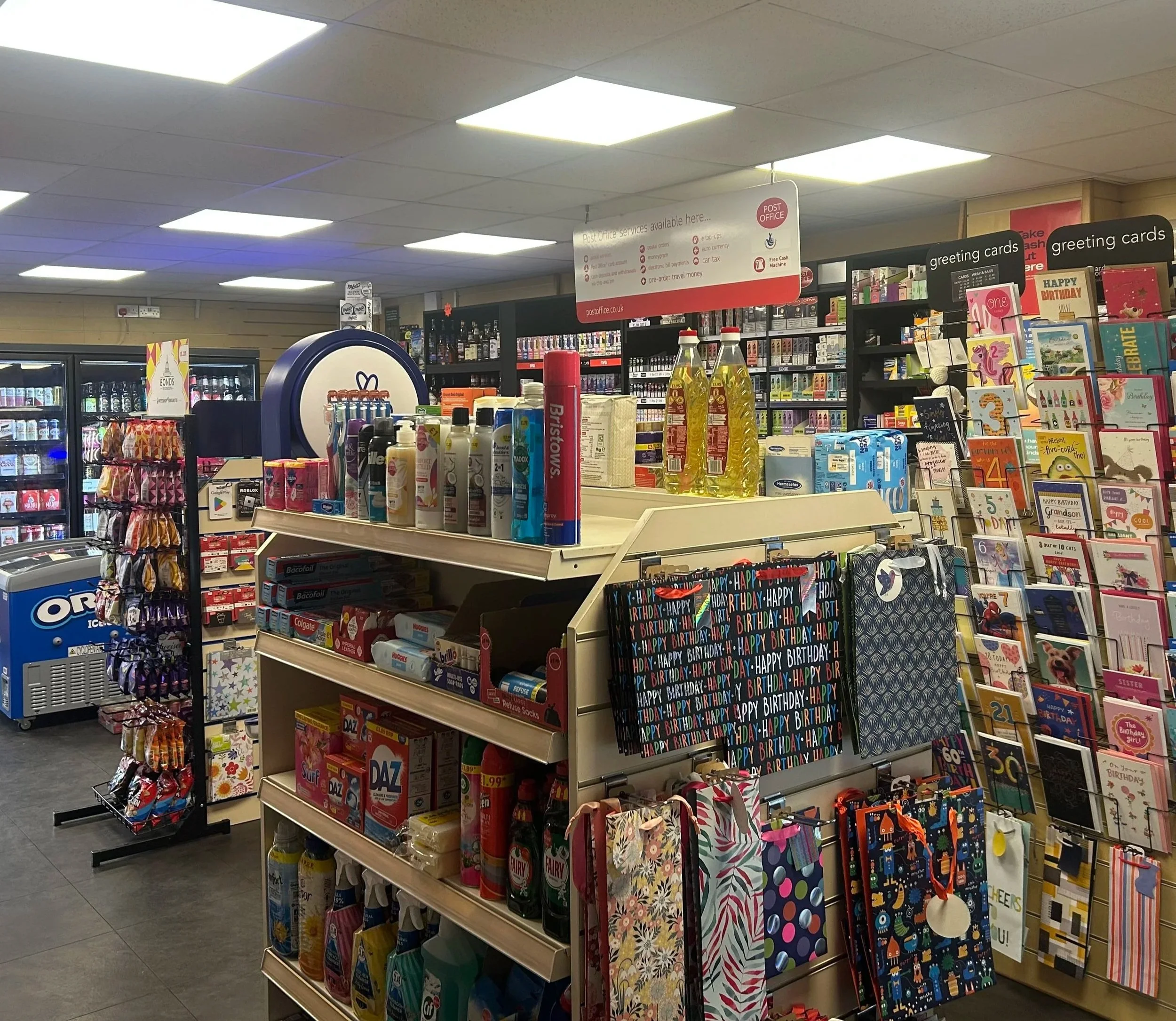 A range of goods for sale in Marsden Stores and Post Office in Marsden, West Yorkshire.