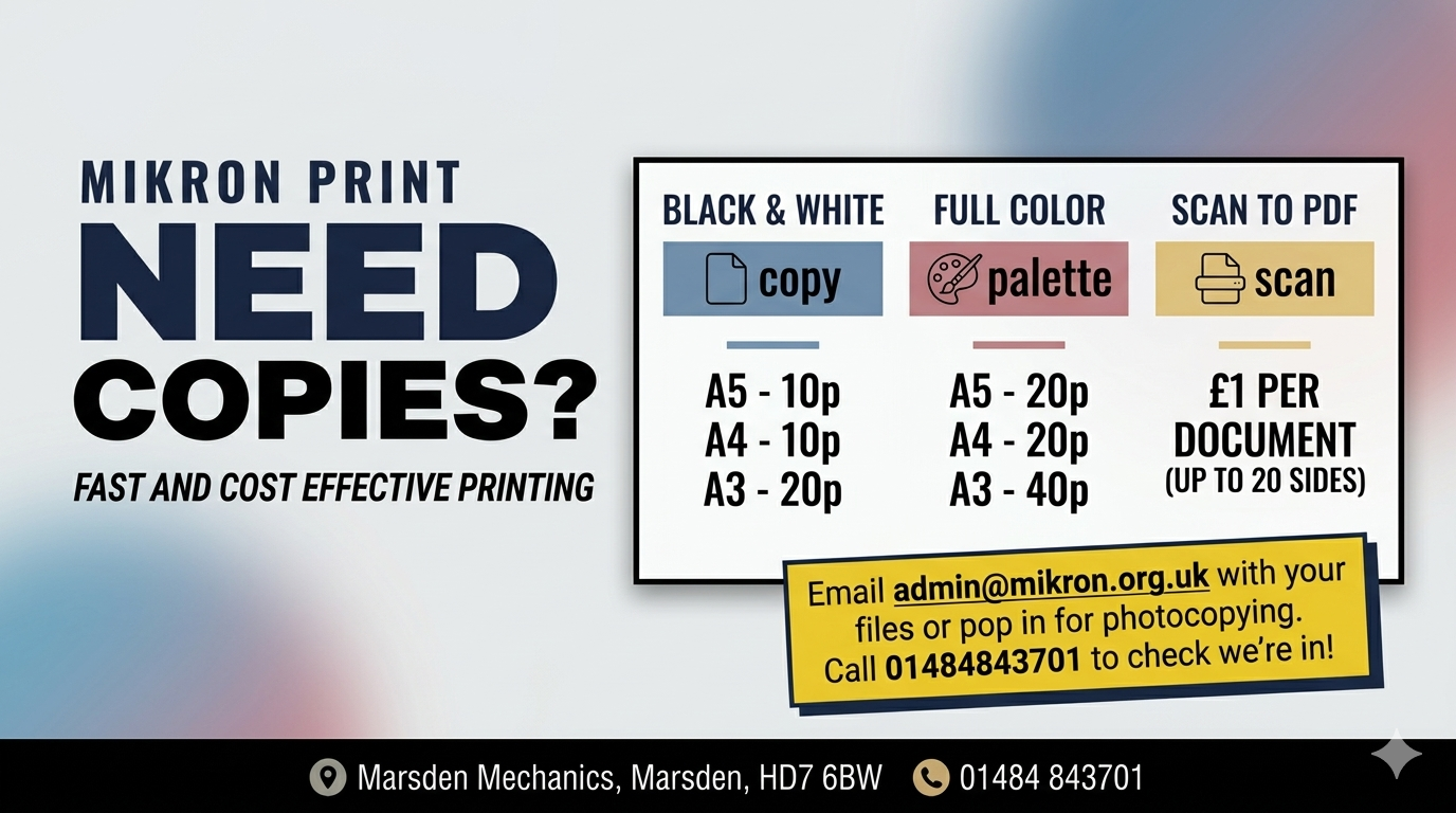 A poster advertising Mikron Theatre's printing and photocopying services in Marsden, West Yorkshire.