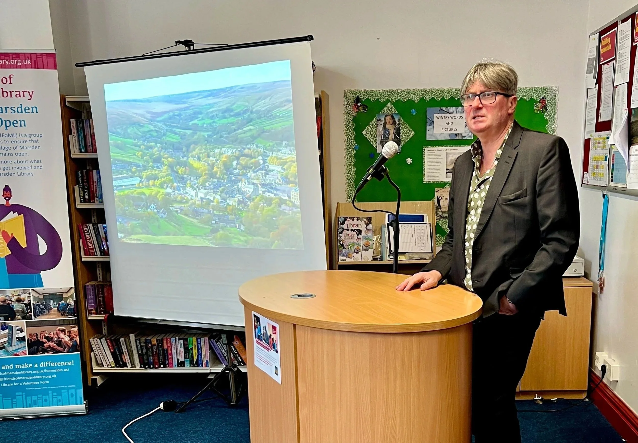 Poet Laureate Simon Armitage speaking in Marsden Library, West Yorkshire.