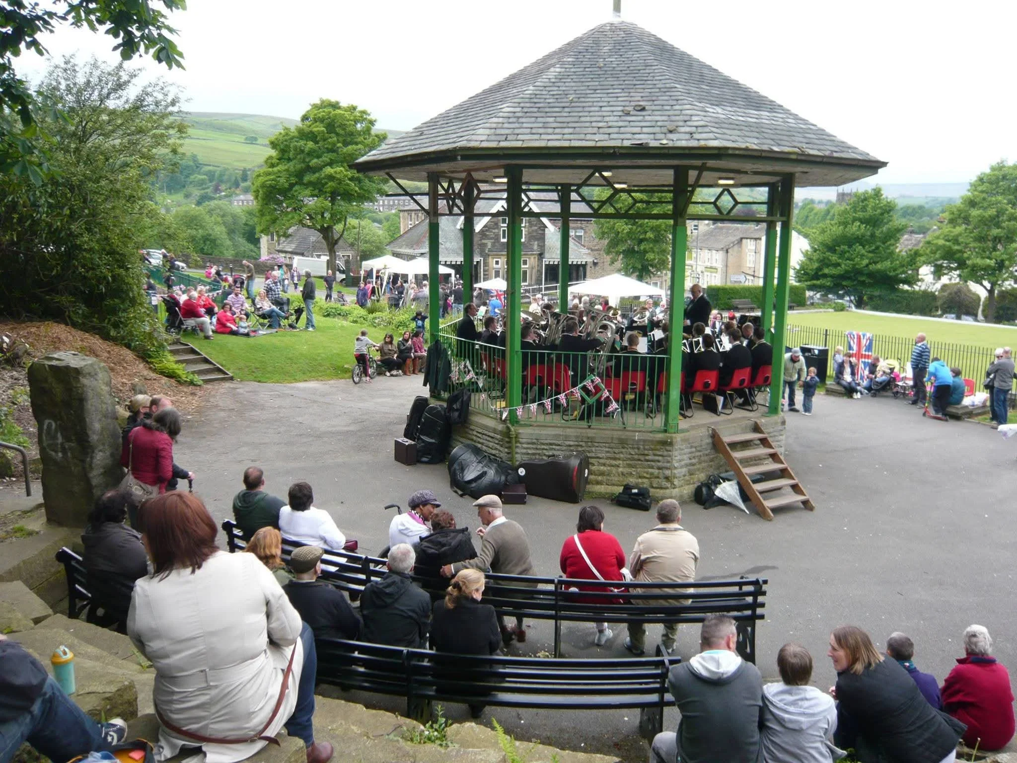 A band playing in the bandstand in Marsden Park, West Yorkshire.
