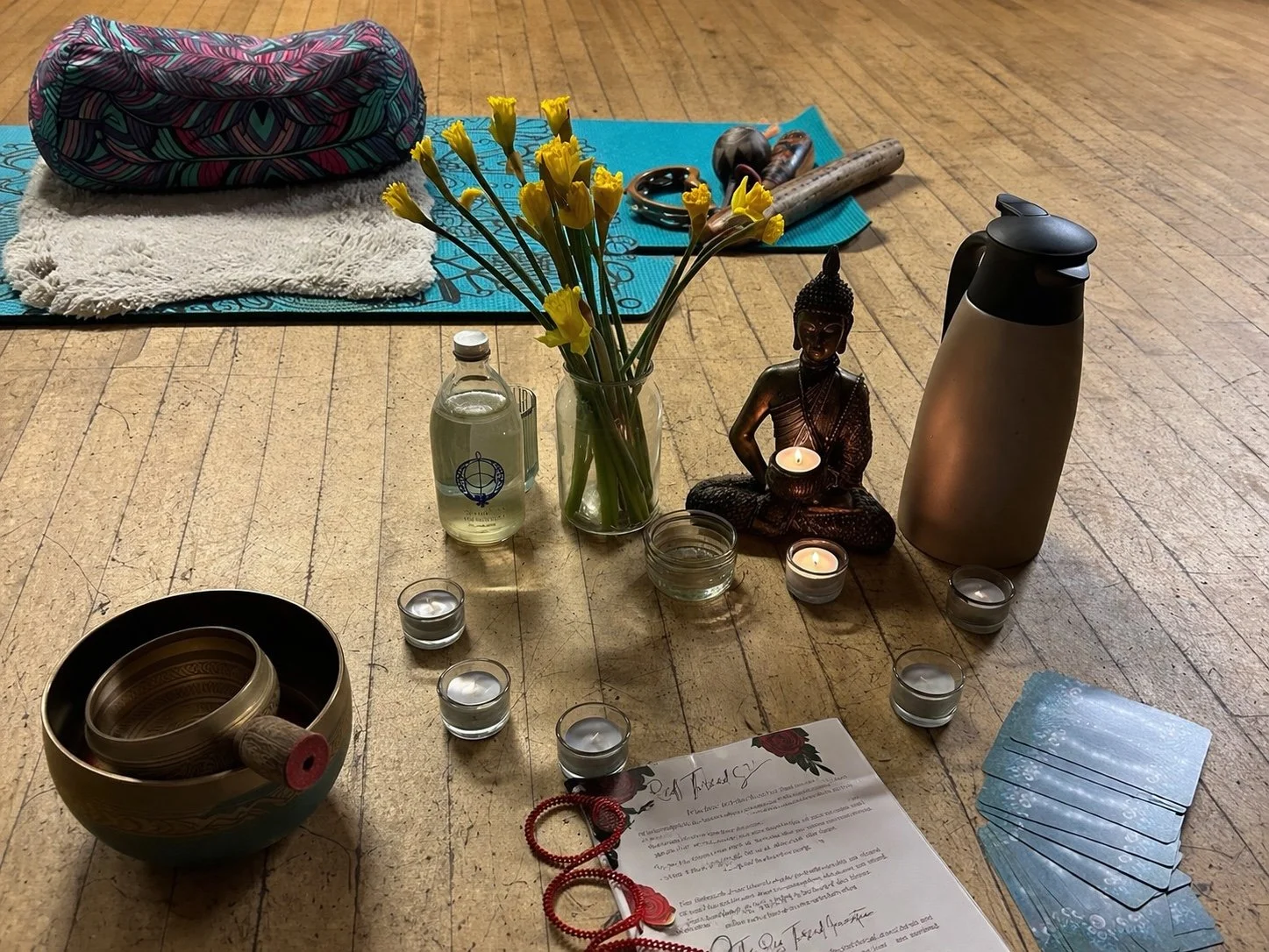 Various items used in a Om2Zen yoga class in Marsden, West Yorkshire.