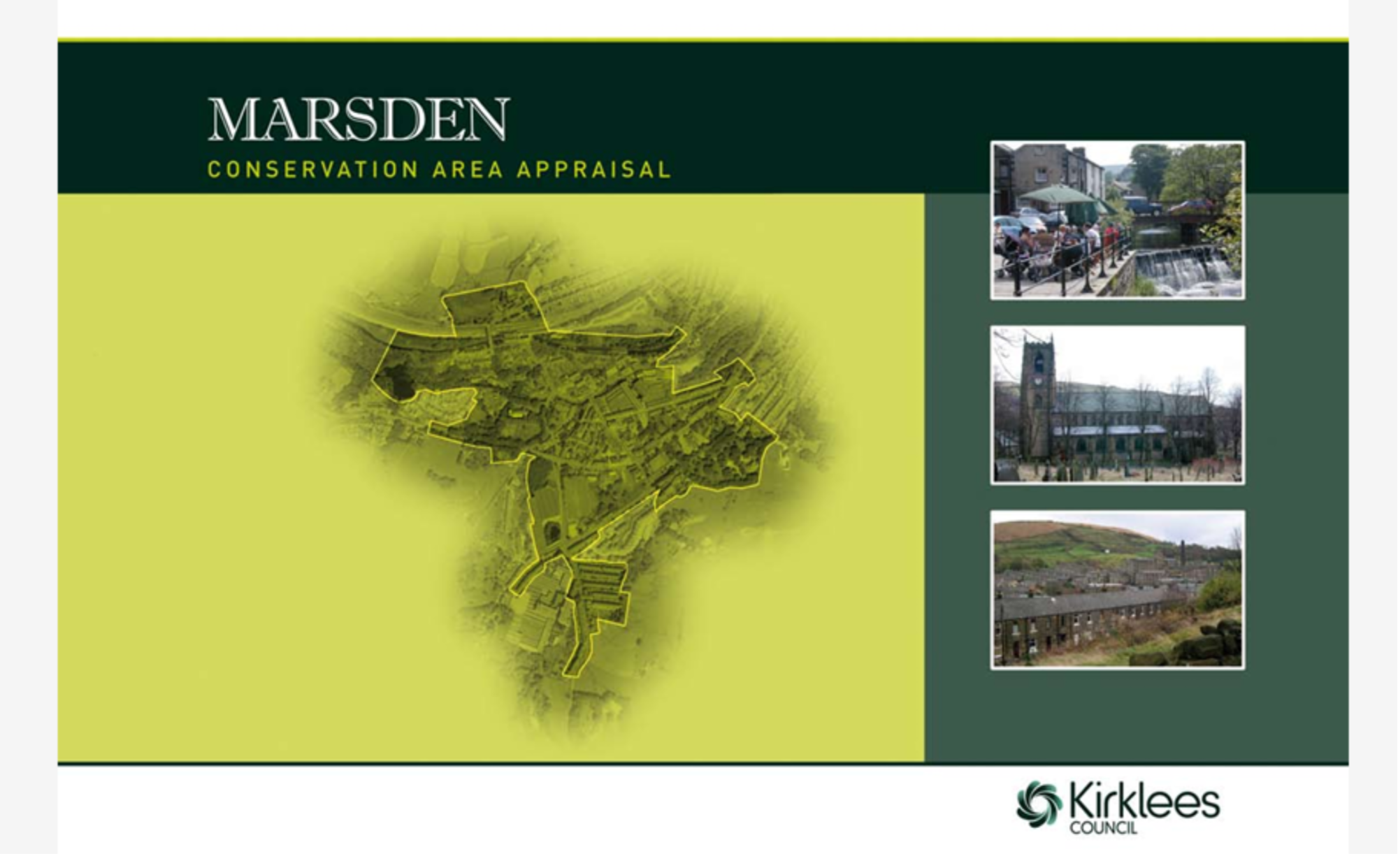 Cover page of the Marsden Conservation Area Appraisal report with maps and photos of the area, including a water feature, a church, and a hillside, with the Kirklees Council logo at the bottom.