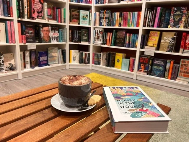 Coffee and books in A New Leaf Bookshop in Marsden, West Yorkshire.