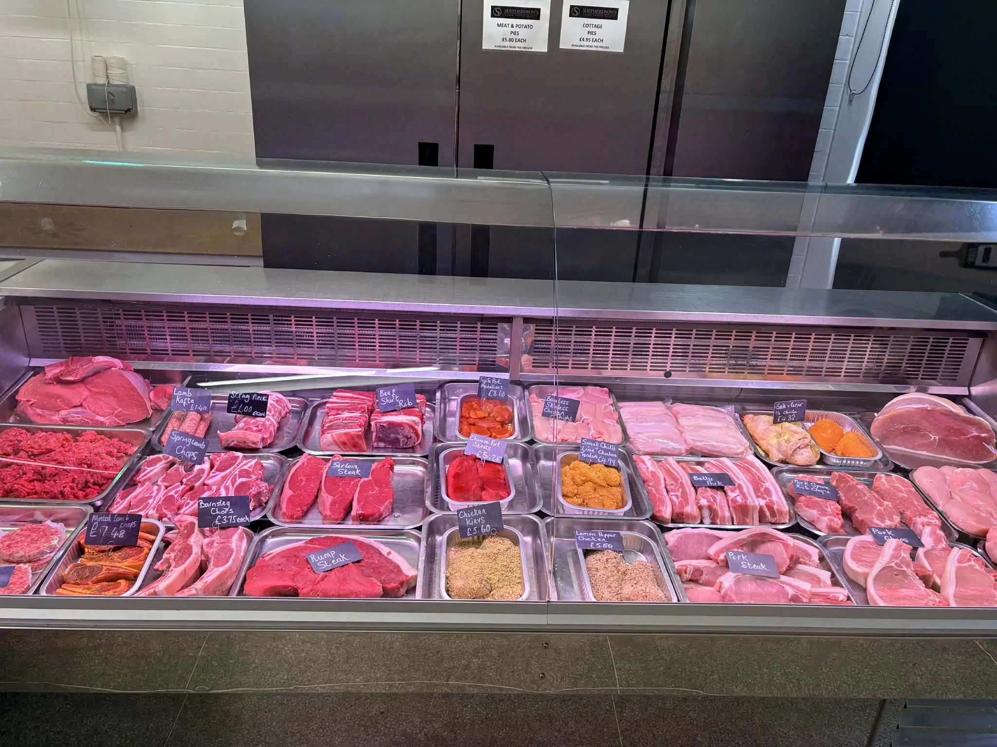 Produce sold by Shepherdson's butchers in Marsden, West Yorkshire.