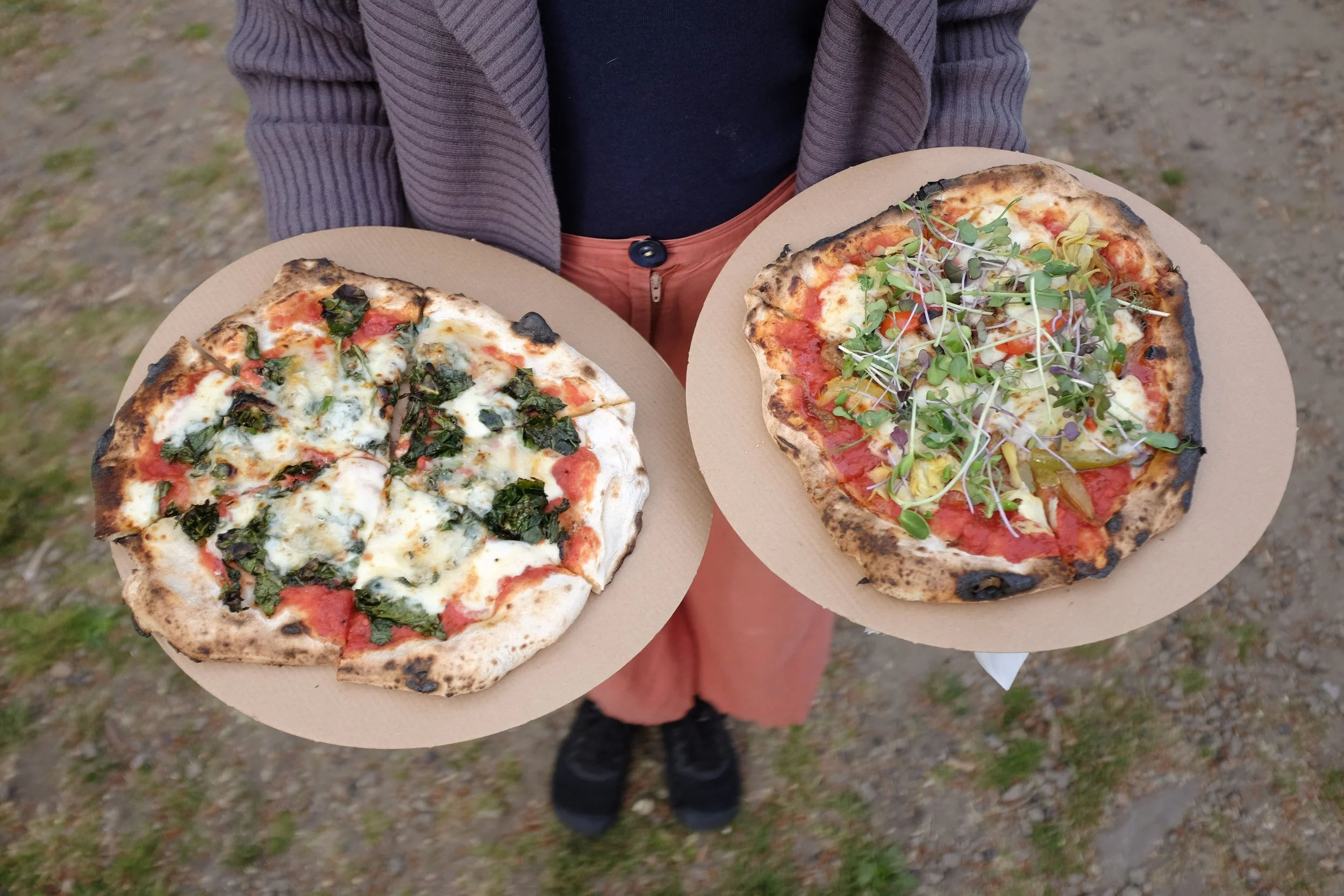 Two freshly made pizzas from Cuckoo Stone Pizza in Marsden, West Yorkshire.