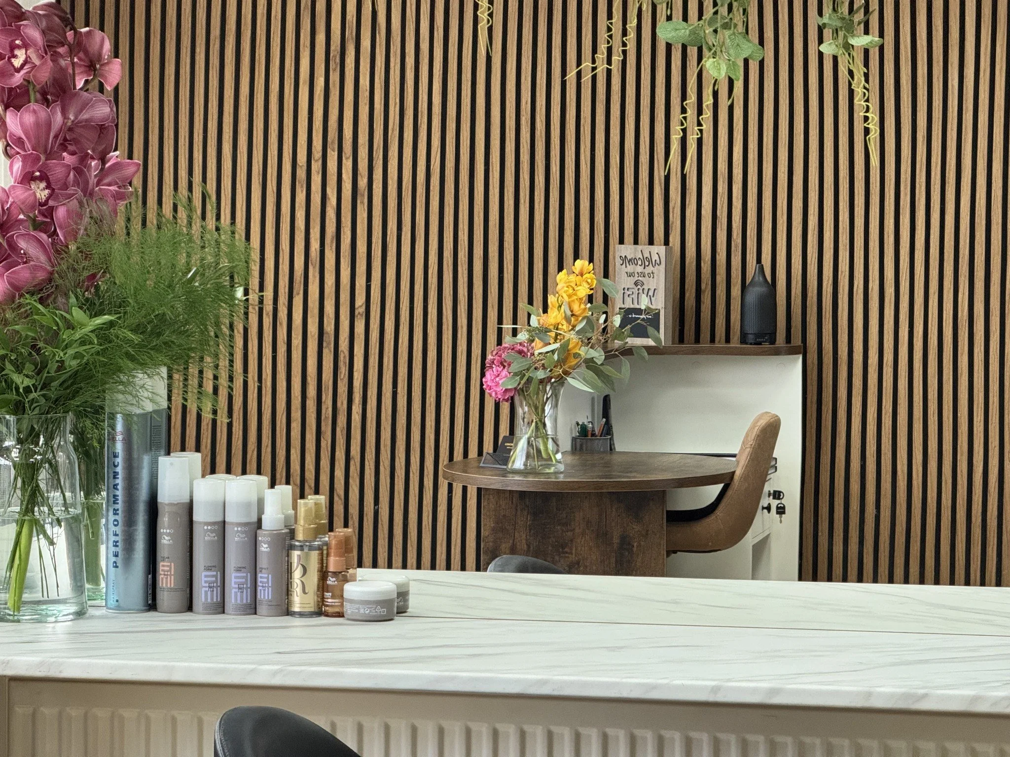 The reception desk in Maria Michaels Alchemy of Hair in Marsden, West Yorkshire.