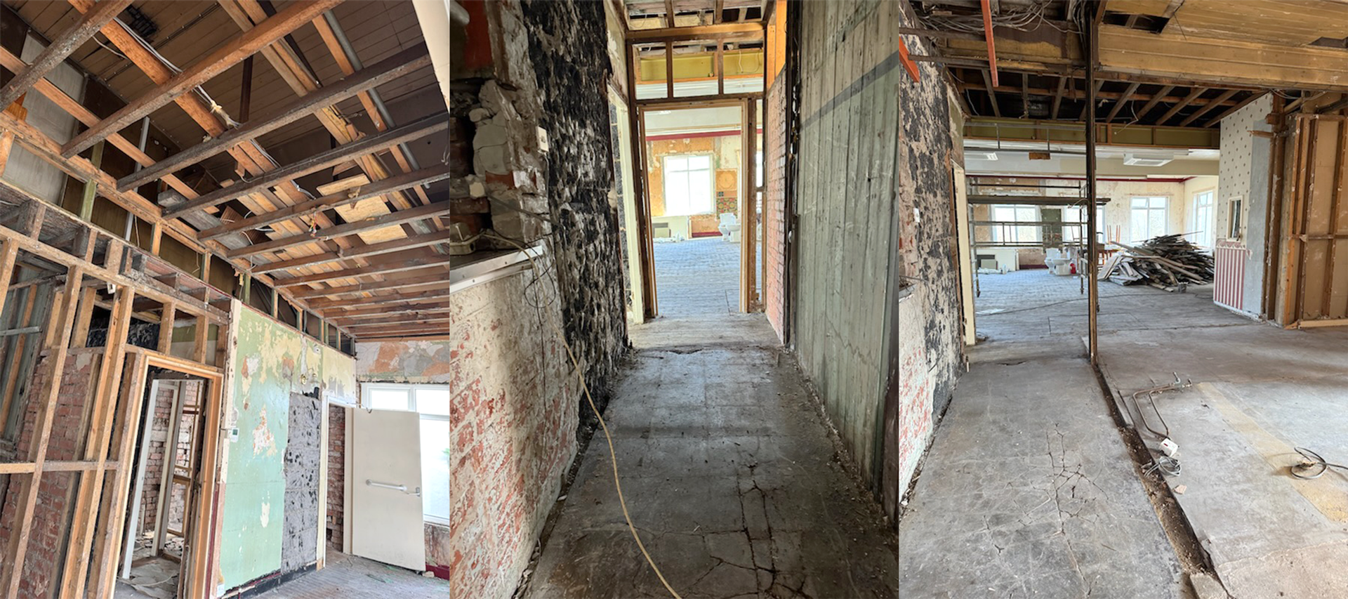 Water damage to the fabric of the building in the Band Room, Marsden, West Yorkshire.