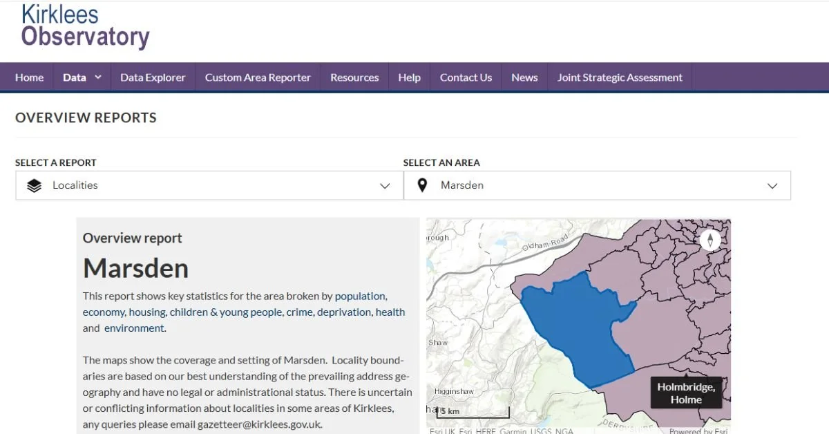 Kirklees Observatory website showing a report on the Marsden area with a map highlighting Marsden in blue and nearby regions in purple.