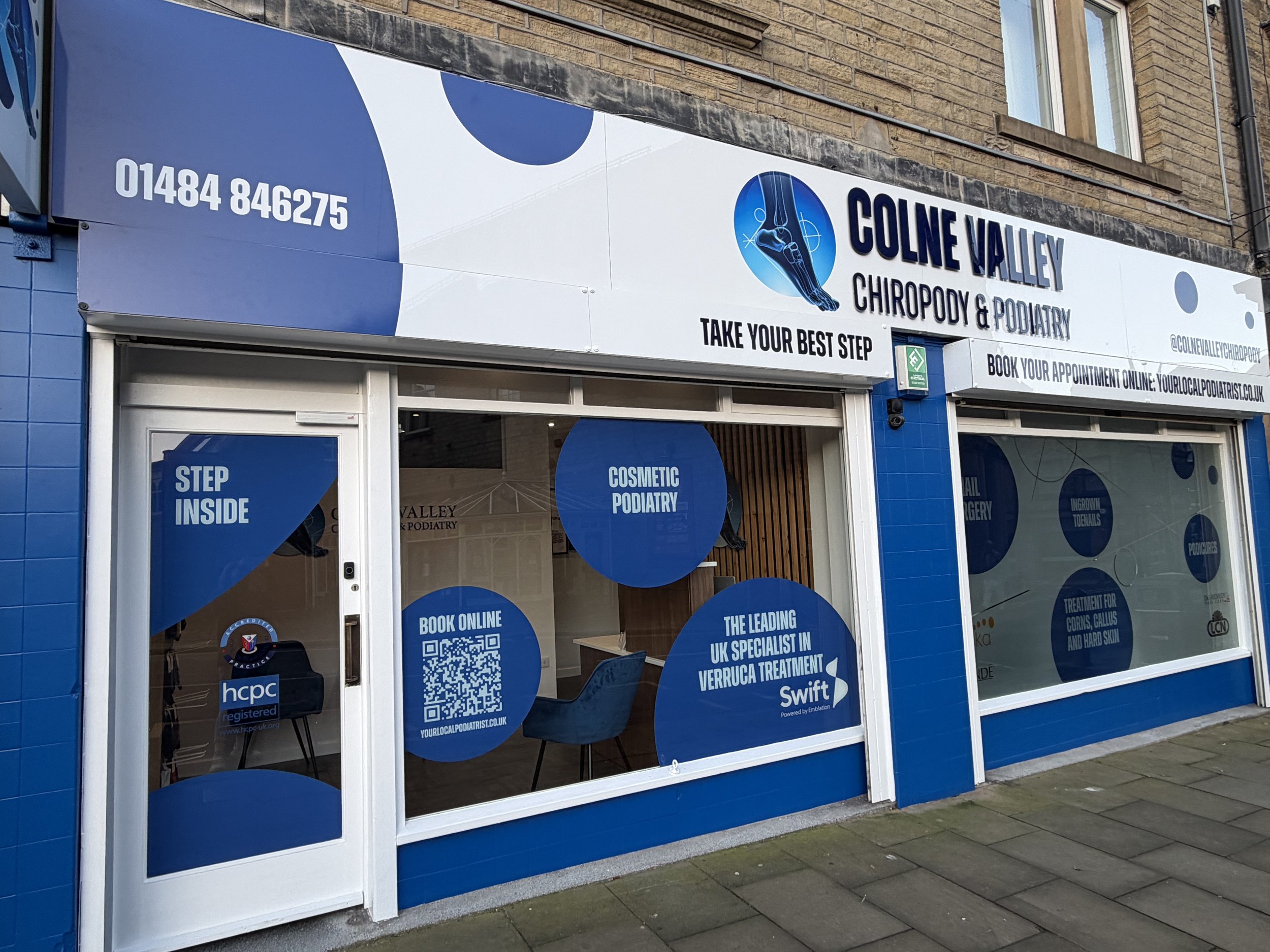 The frontage of the Colne Valley Chiropody and Podiatry clinic in Marsden, West Yorkshire.