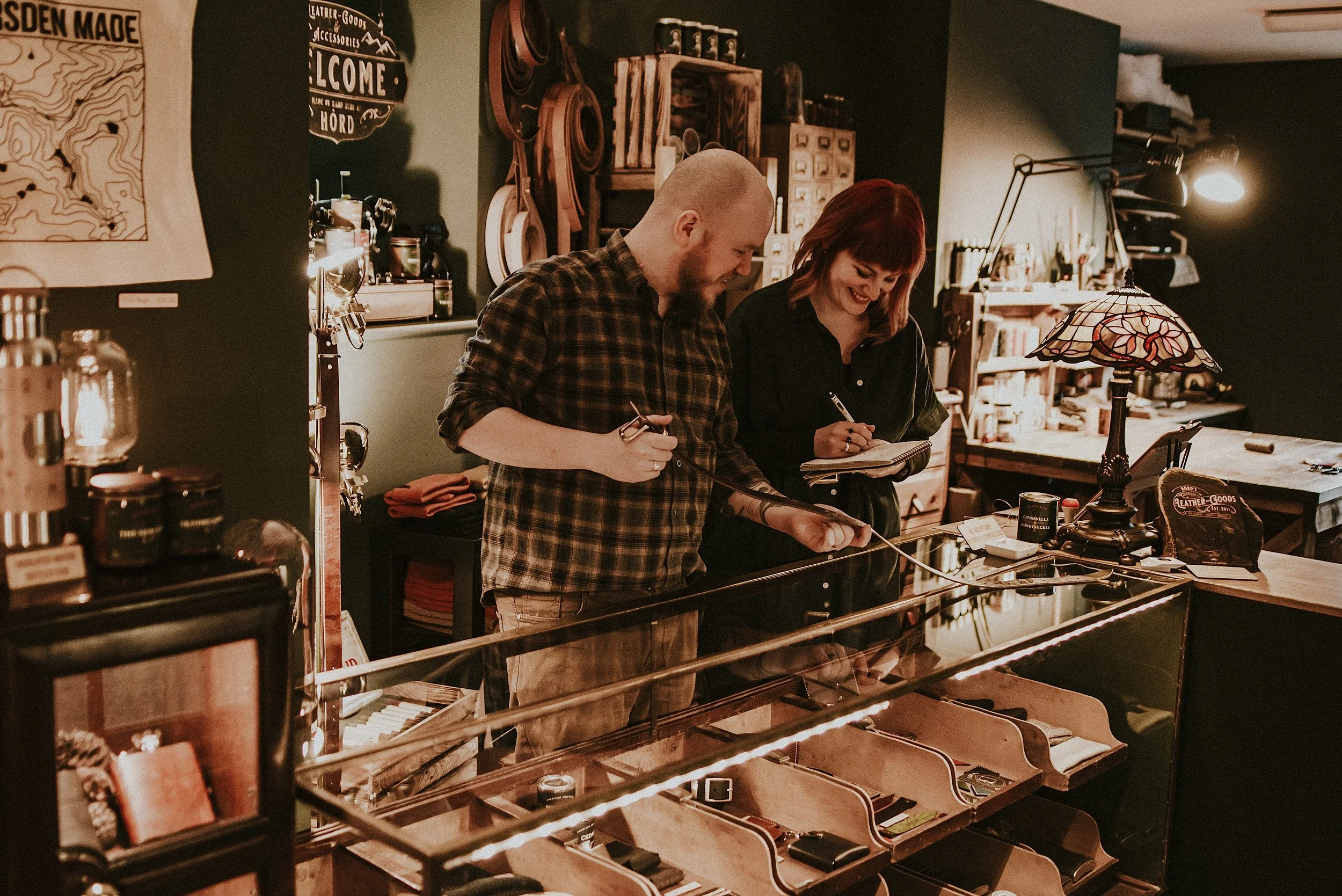 Gemma and Jason, owners of HÔRD leather goods shop in Marsden, West Yorkshire.