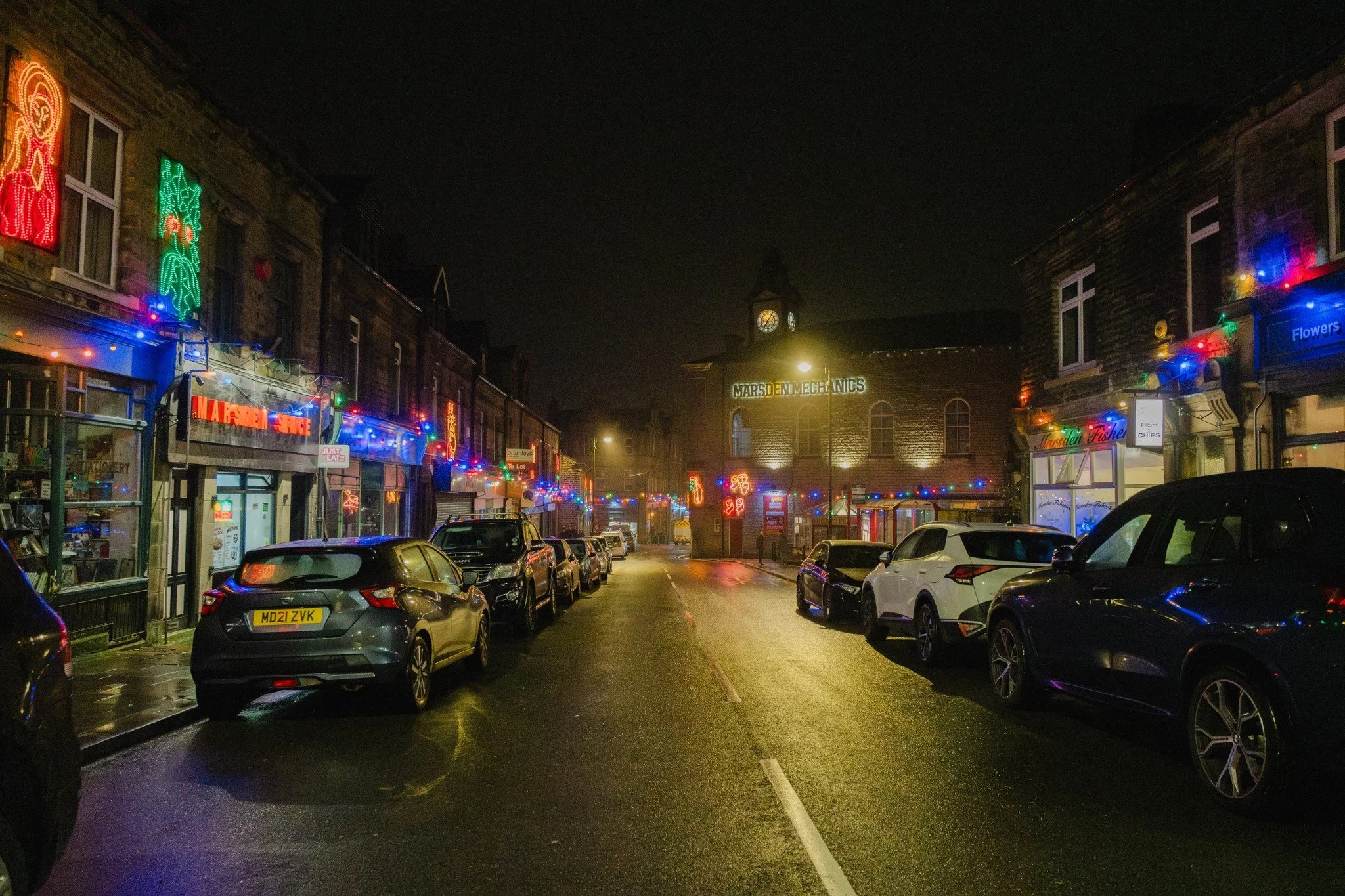 The Christmas lights in Marsden, West Yorkshire.