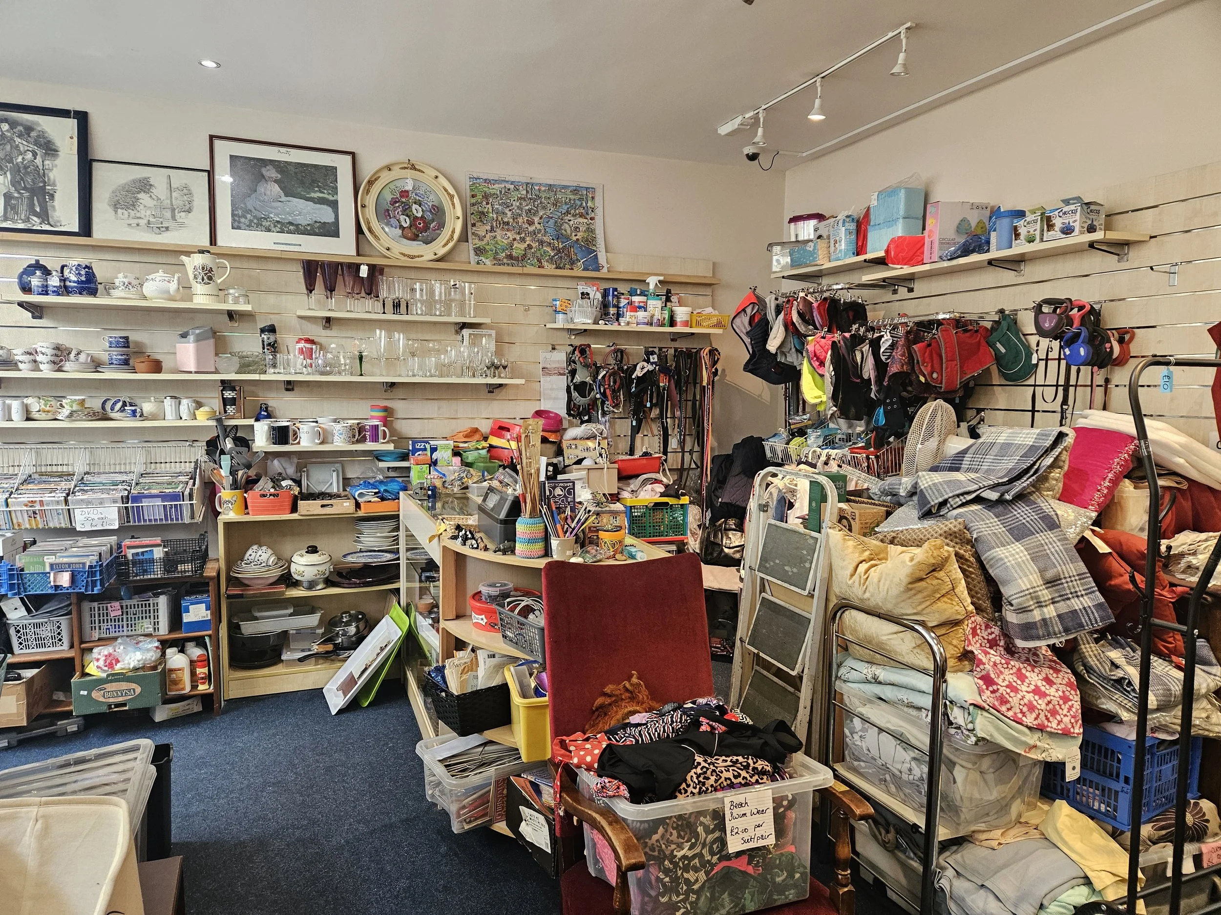 Items for sale inside the West Yorkshire Dog Rescue Charity Shop in Marsden, West Yorkshire.