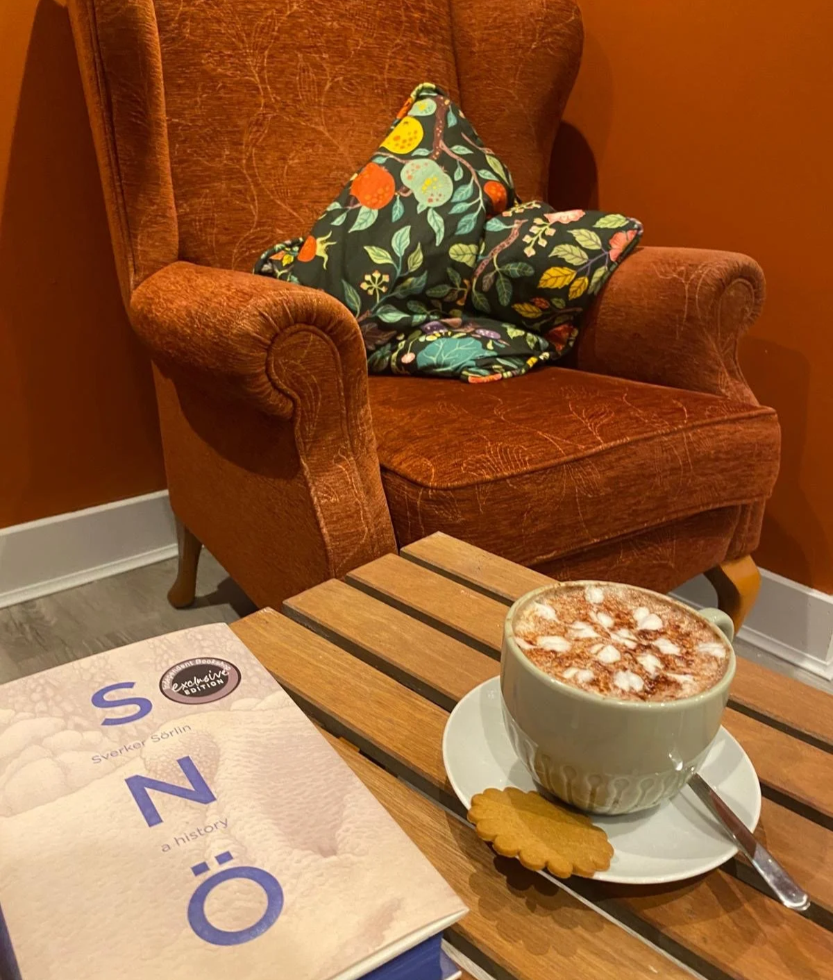 Coffee, books and comfortable chairs in A New Leaf Bookshop in Marsden, West Yorkshire.