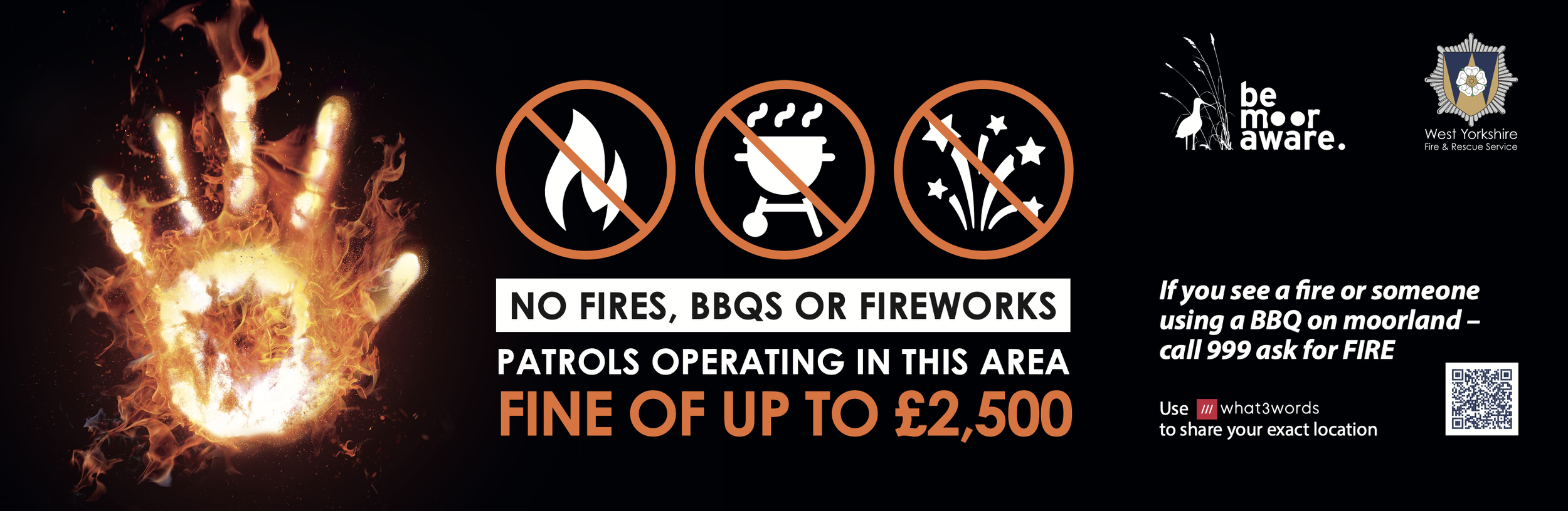 A sign with a fire burning on the left and icons representing no fires, no BBQs, and no fireworks. It states that fires, barbecues, and fireworks are not allowed in the area, with fines up to £2,500. The sign includes logos from West Yorkshire Fire & Rescue Service and Be Moor Aware, instructions for reporting fires