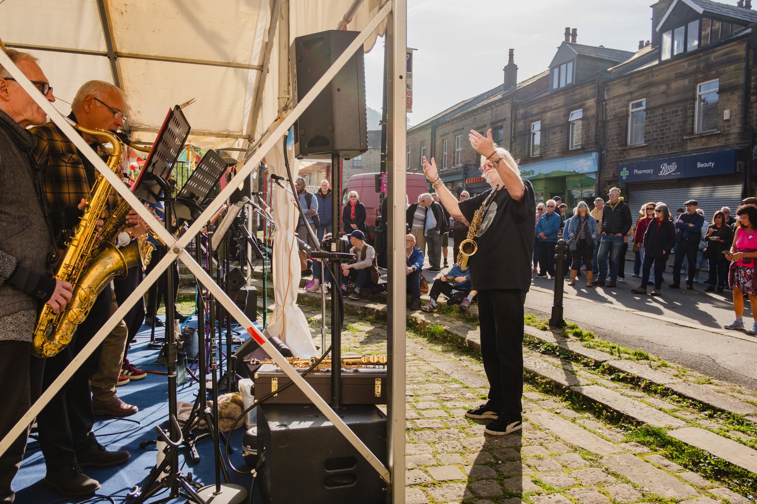 A band performing during Marsden Jazz Festival in West Yorkshire.