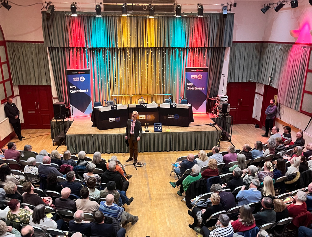 The main hall of the Marsden Mechanics being used for a BBC Radio 4 session of 'Any questions'.