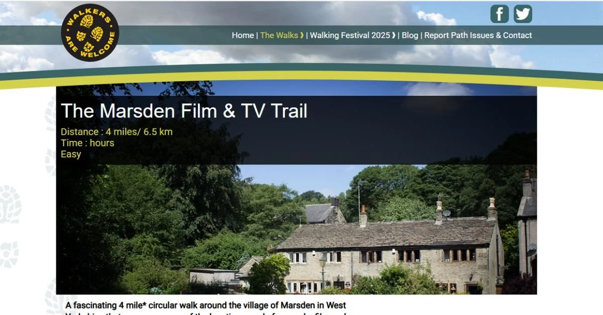 Web page about the Marsden Film & TV Trail, showing a photo of a village with stone houses and green trees, with a black banner overlay containing trail information.