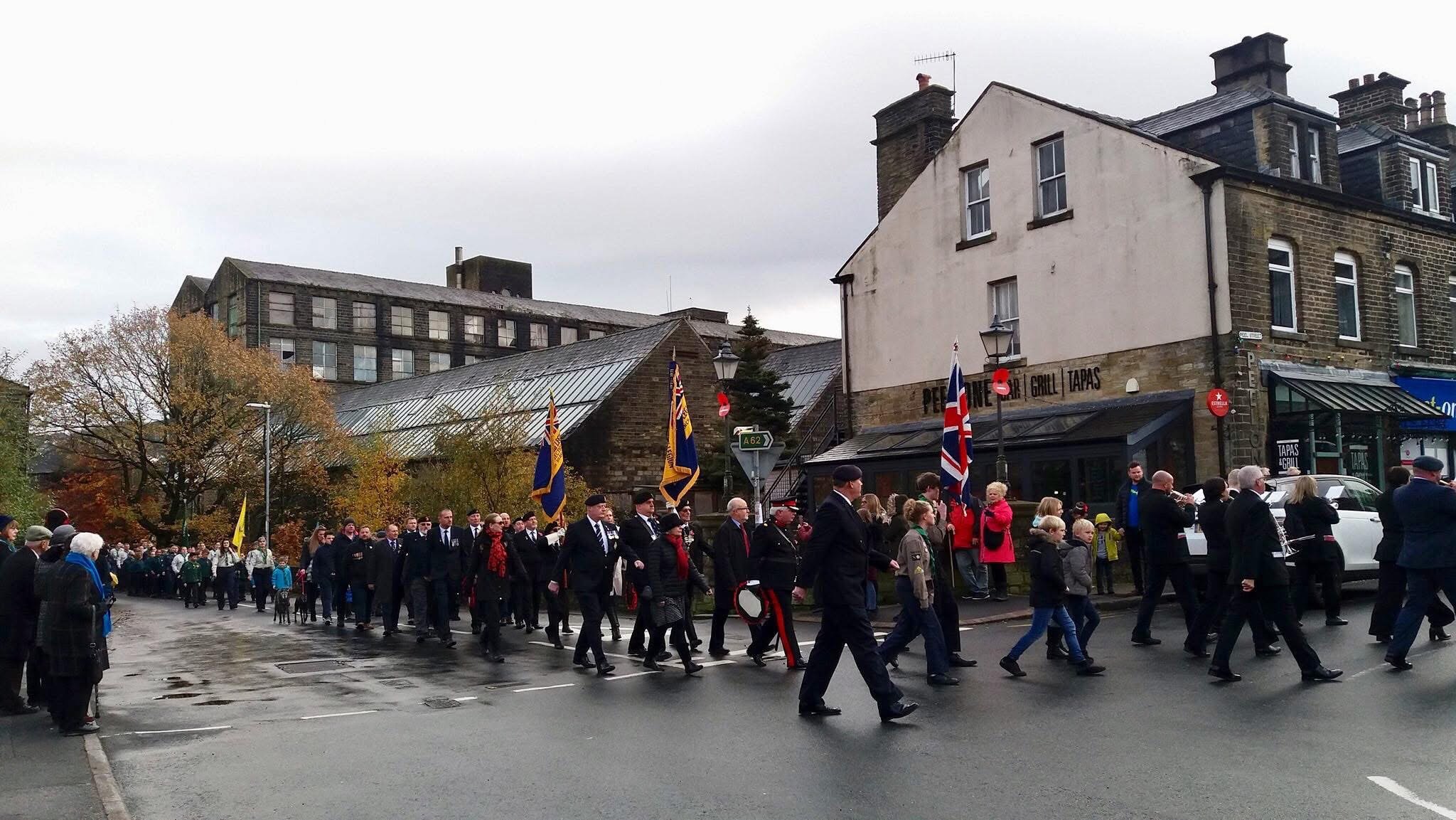 The parade through the village on Remembrance Day in Marsden, West Yorkshire.