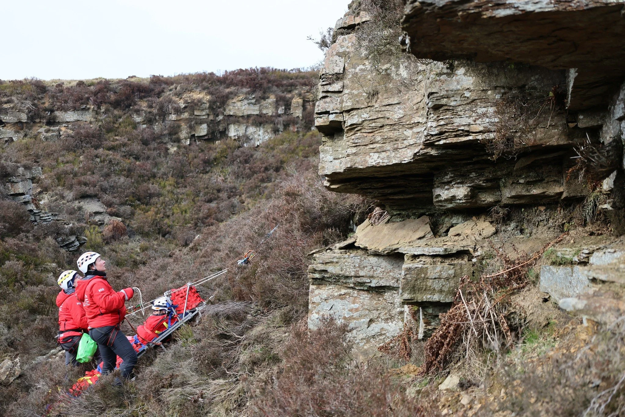 Members of the Holme Valley Mountain Rescue Team during a practice exercise.