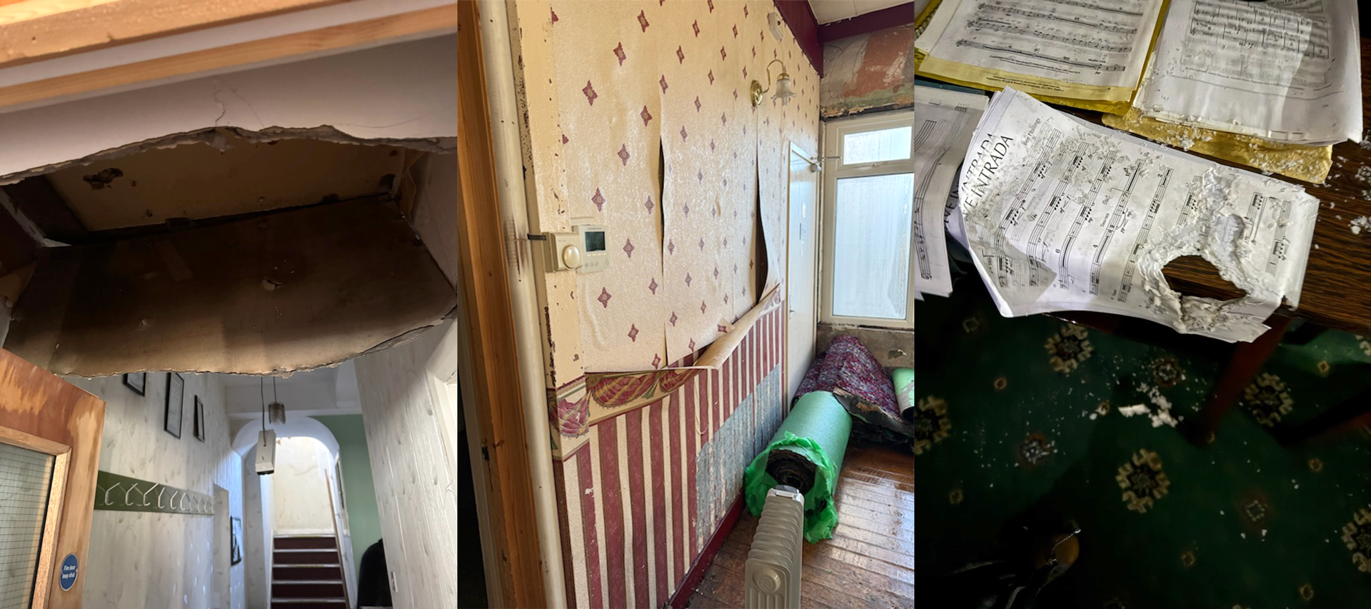 Damage done to the Band Room in Marsden, West Yorkshire, caused by a burst pipe.