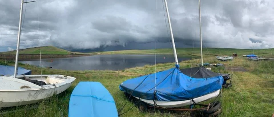Boats stored at Redbrook Sailing Club in Marsden, West Yorkshire.