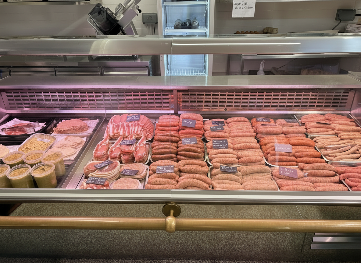 Range of meat products sold by Shepherdson's butchers in Marsden, West Yorkshire.