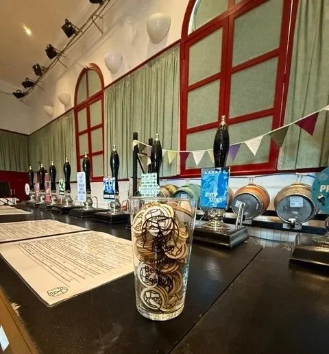 Some of the different beers available at the Pennine Beer Festival in Marsden, West Yorkshire.