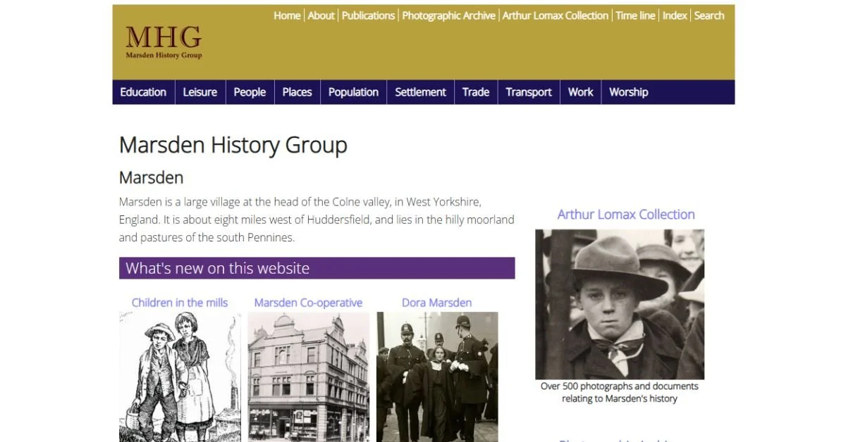 Screenshot of the Marsden History Group website homepage, showing the group name, navigation menu, and a section introducing Marsden, West Yorkshire, England, with historical photographs and links to collections.