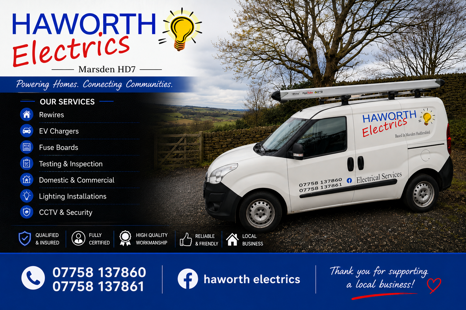 A promotional flyer advertising Haworth Electrics, based in Marsden, West Yorkshire.