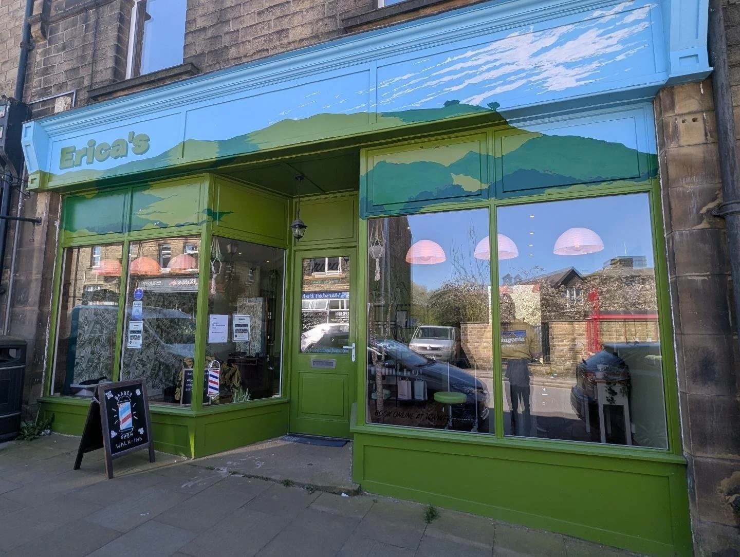The colourful frontage of Erica Broughton and Co. hairdressers in Marsden, West Yorkshire.