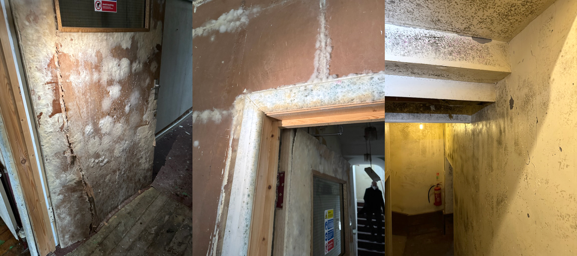 Flood damage in the Band Room in Marsden, West Yorkshire.