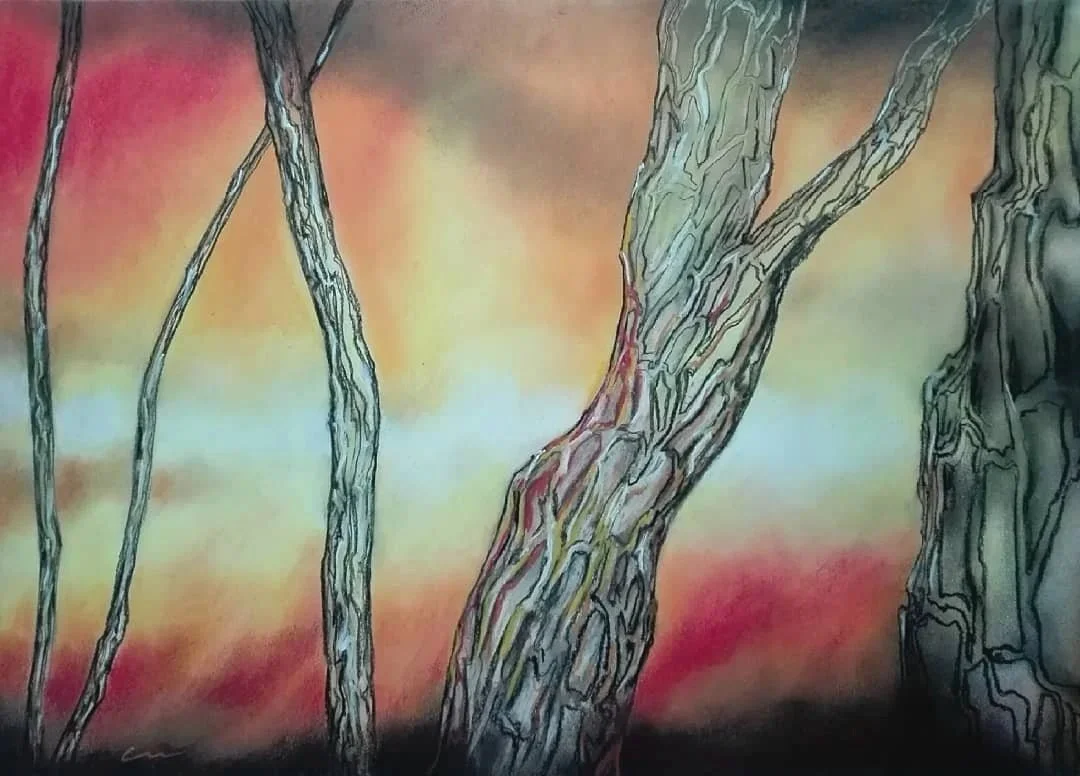 "Summer Sunset". Desenho em técnica mista sobre papel, 29,7 x 42 cm, 2018. Cláudia Matoos.