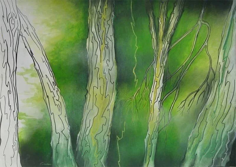 "Immersion in the Green Fog". Desenho em técnica mista sobre papel, 29,7 x 42 cm, 2018. Cláudia Matoos. 