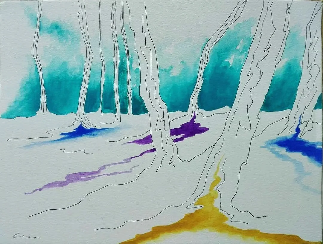 "White Forest". Desenho em técnica mista, guache e tinta-da-china sobre papel, 21 x 29,7 cm, 2018. Cláudia Matoos.