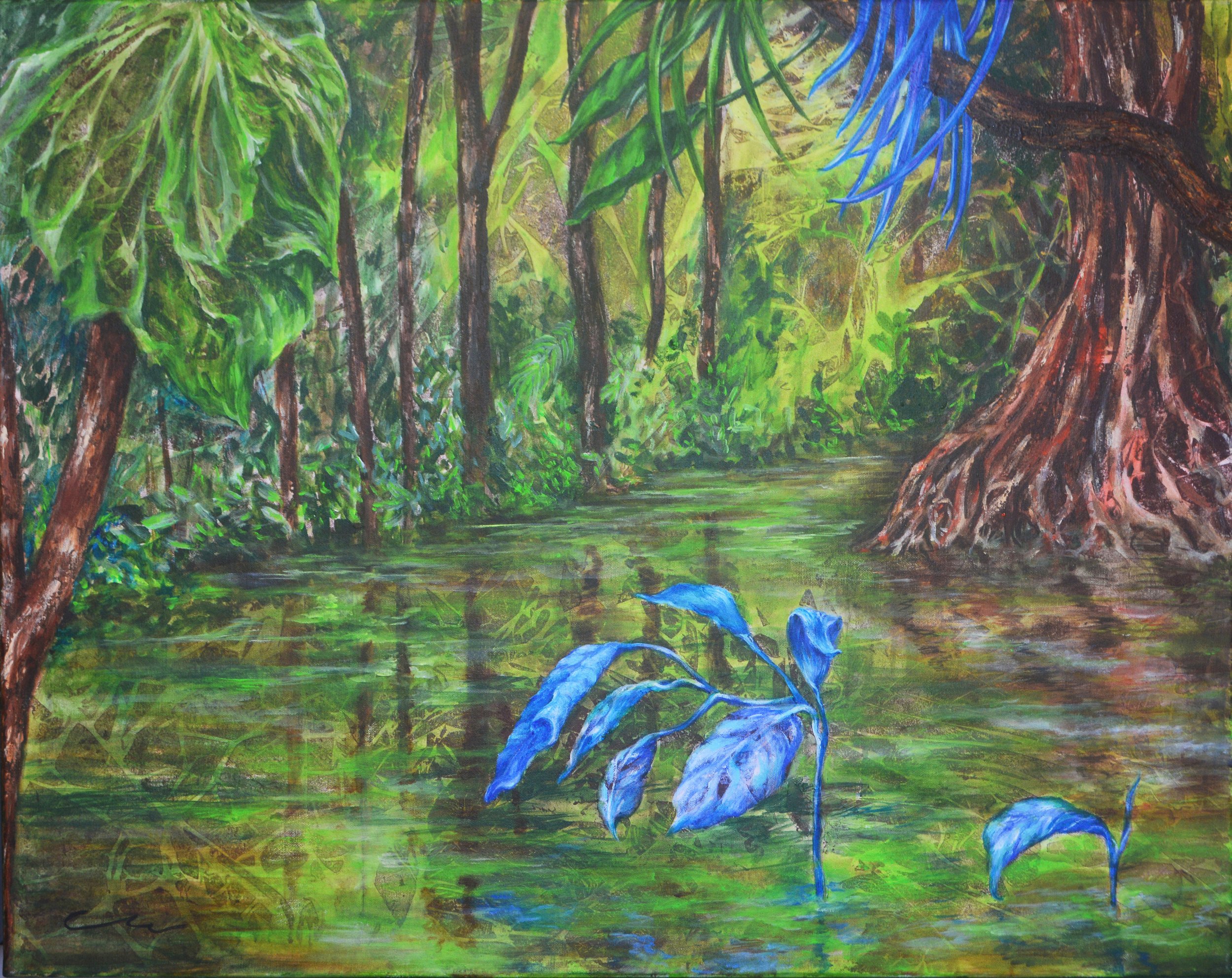 Igarapé Mítico. Cláudia Matoos. Pintura acrílica sobre tela 70 cm X 90 cm, 2025.