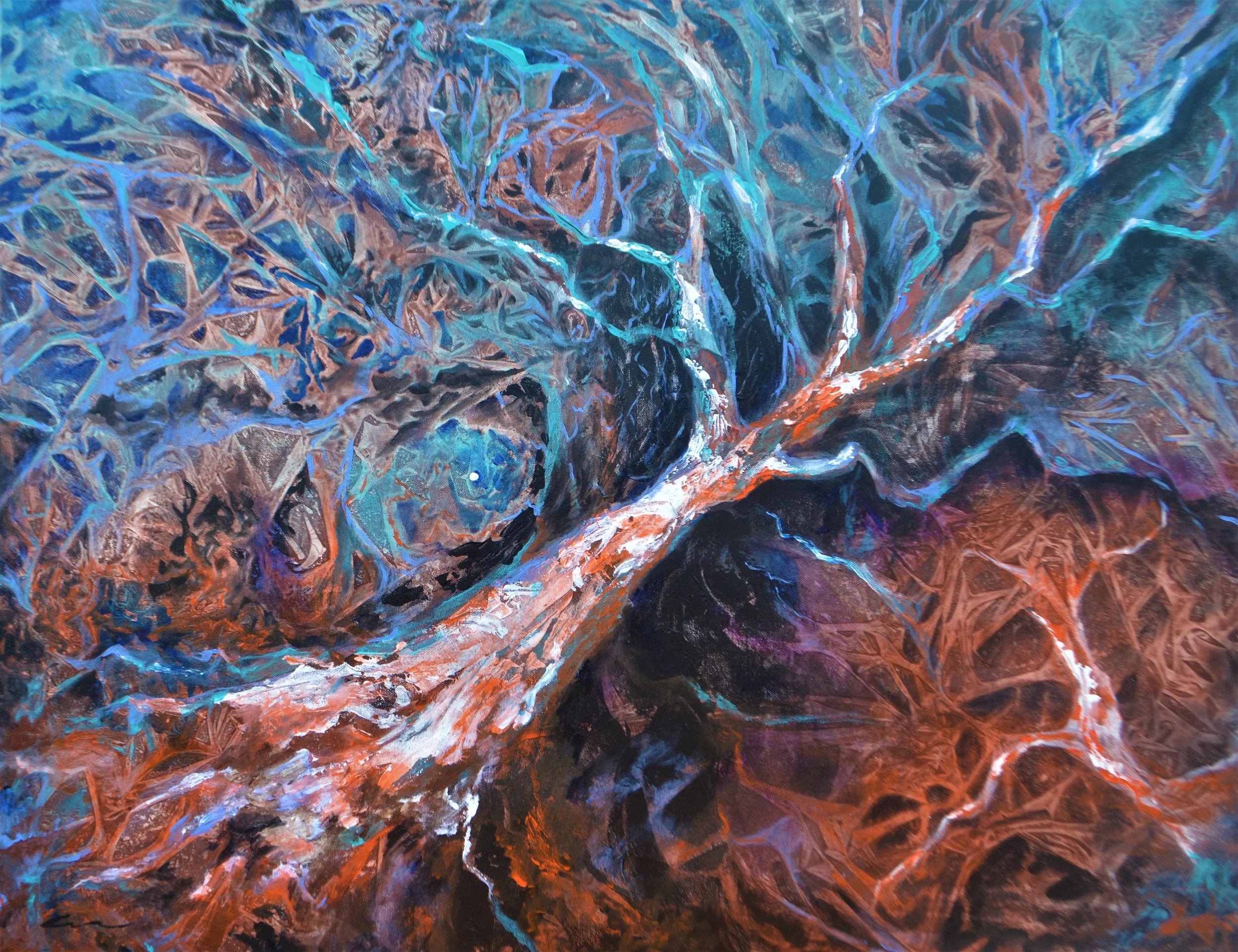 " Deep Forest I". Pintura acrílica sobre tela, 70 x 90 cm, 2022. Cláudia Matoos.